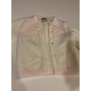 Vintage Montgomery Ward Baby Cardigan Sweater Button Front White Pink Knit Acryl